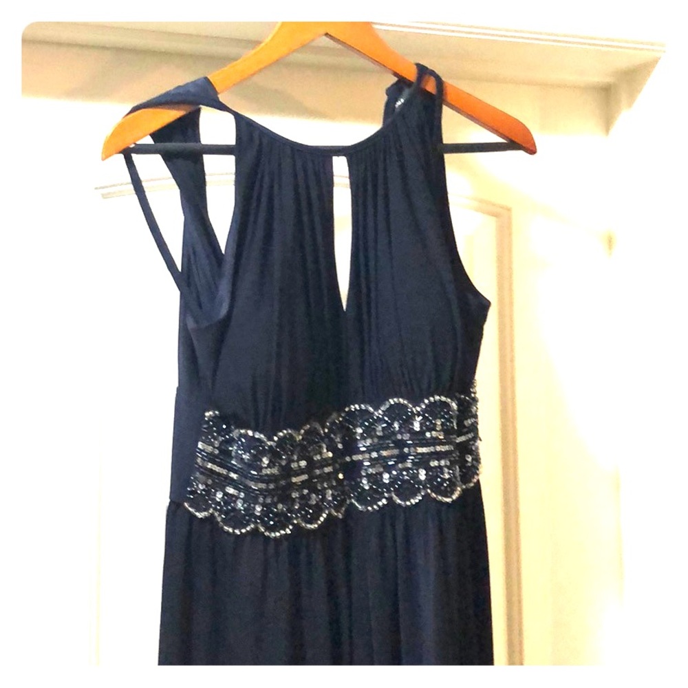 Long Navy, beaded waistline dress